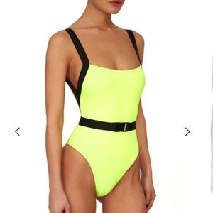 NWT! Black Noir Neon Yellow One Piece with Black detail and Belt Size Medium